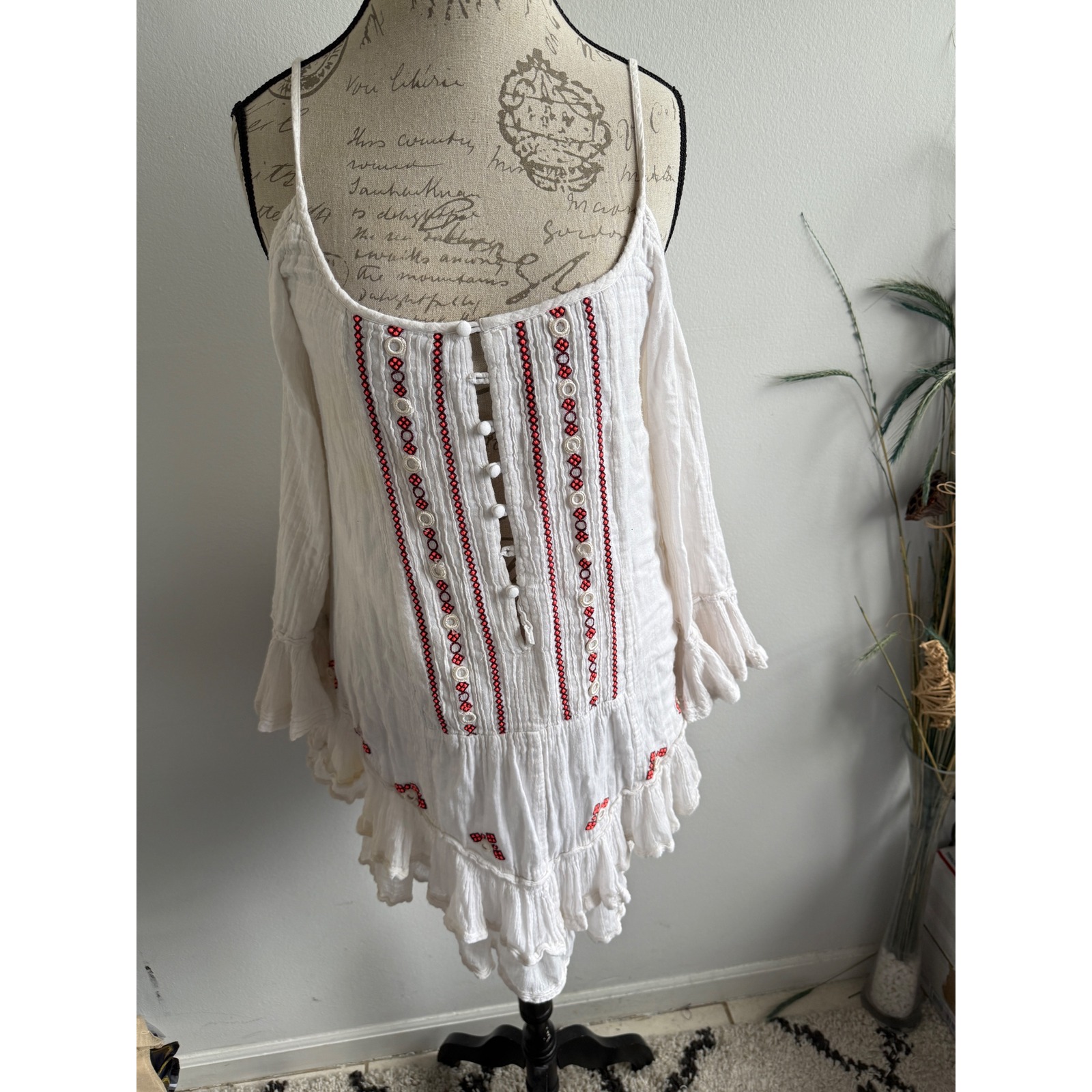 Fp One Free People Tunic Top Blouse White Red Embroidered Boho Medium Flaw
